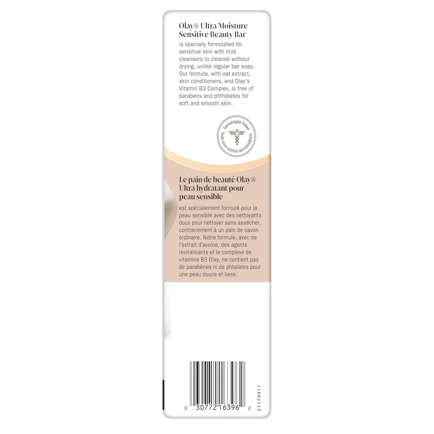 imageOlay Beauty Bar for Sensitive Skin Ultra Moisture 10x More Moisturizers Nourishing Conditioners Gentle on Skin Vitamin B3 Complex Oat Extract ampamp Vanilla Crme Scent 317 oz Pack of 8