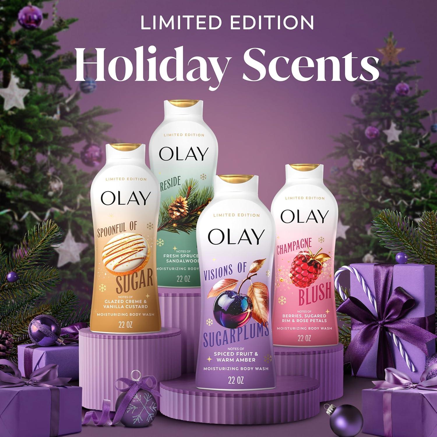 imageOlay Body Wash for Women Hydrating ampamp Moisturizing Holiday Edition With Plant Based Cleansers B3 Complex For All Skin Types Fireside Fir with Fresh Spruce ampamp Sandalwood Scent 22 fl ozVisions of Sugarplums with Spiced Fruit  Warm Amber