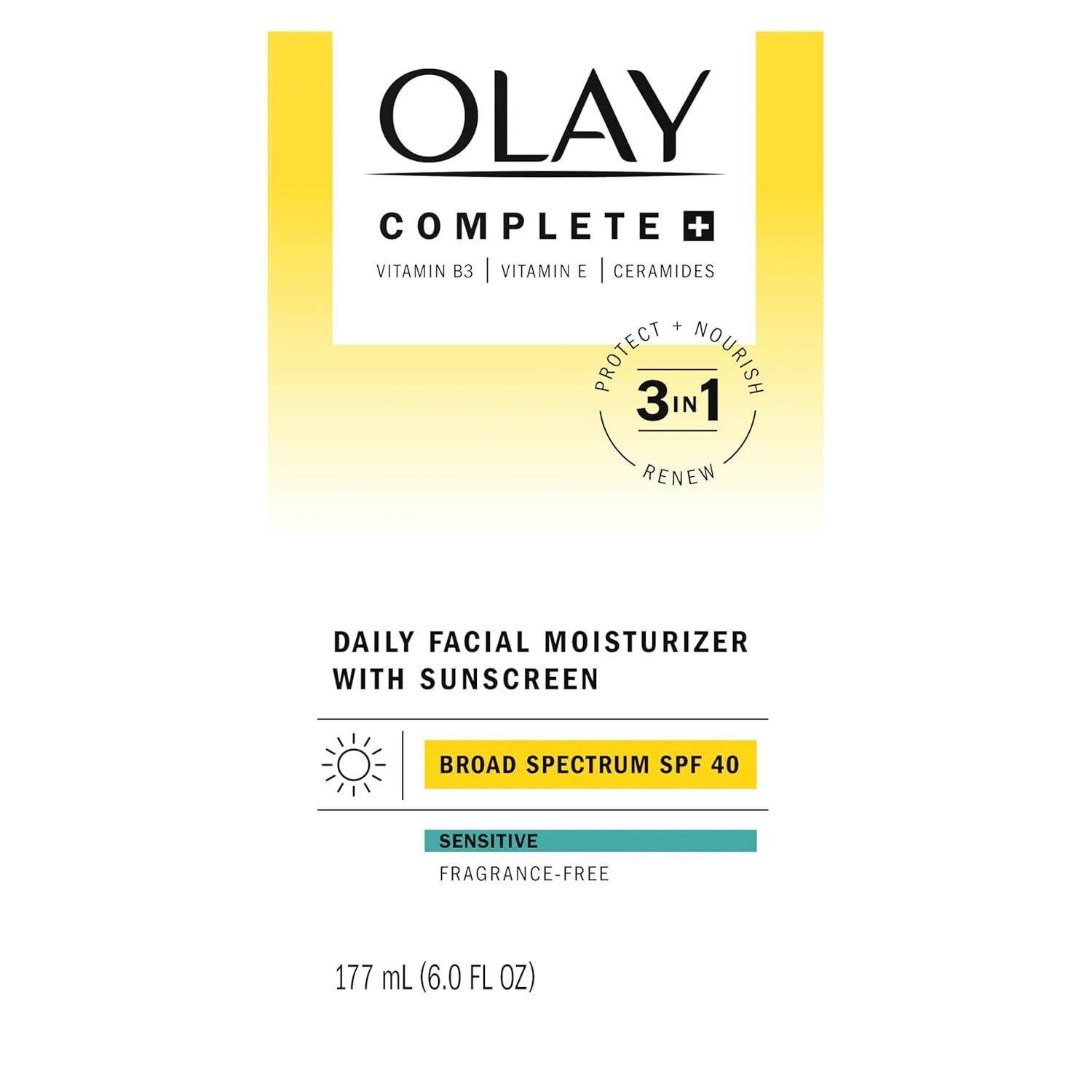 imageOlay Complete Face Moisturizer with Sunscreen SPF 40 For Sensitive Skin Broad Spectrum Sun Protection FragrenceFree  No White Cast on All Tones Nourishes Moisture Barrier  Ceramides 6 Oz