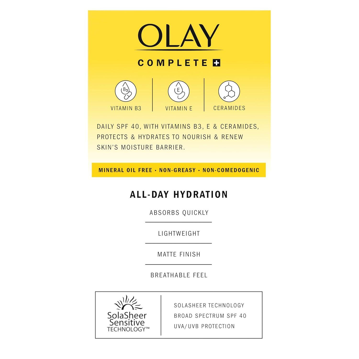 imageOlay Complete Face Moisturizer with Sunscreen SPF 40 For Sensitive Skin Broad Spectrum Sun Protection FragrenceFree  No White Cast on All Tones Nourishes Moisture Barrier  Ceramides 6 Oz