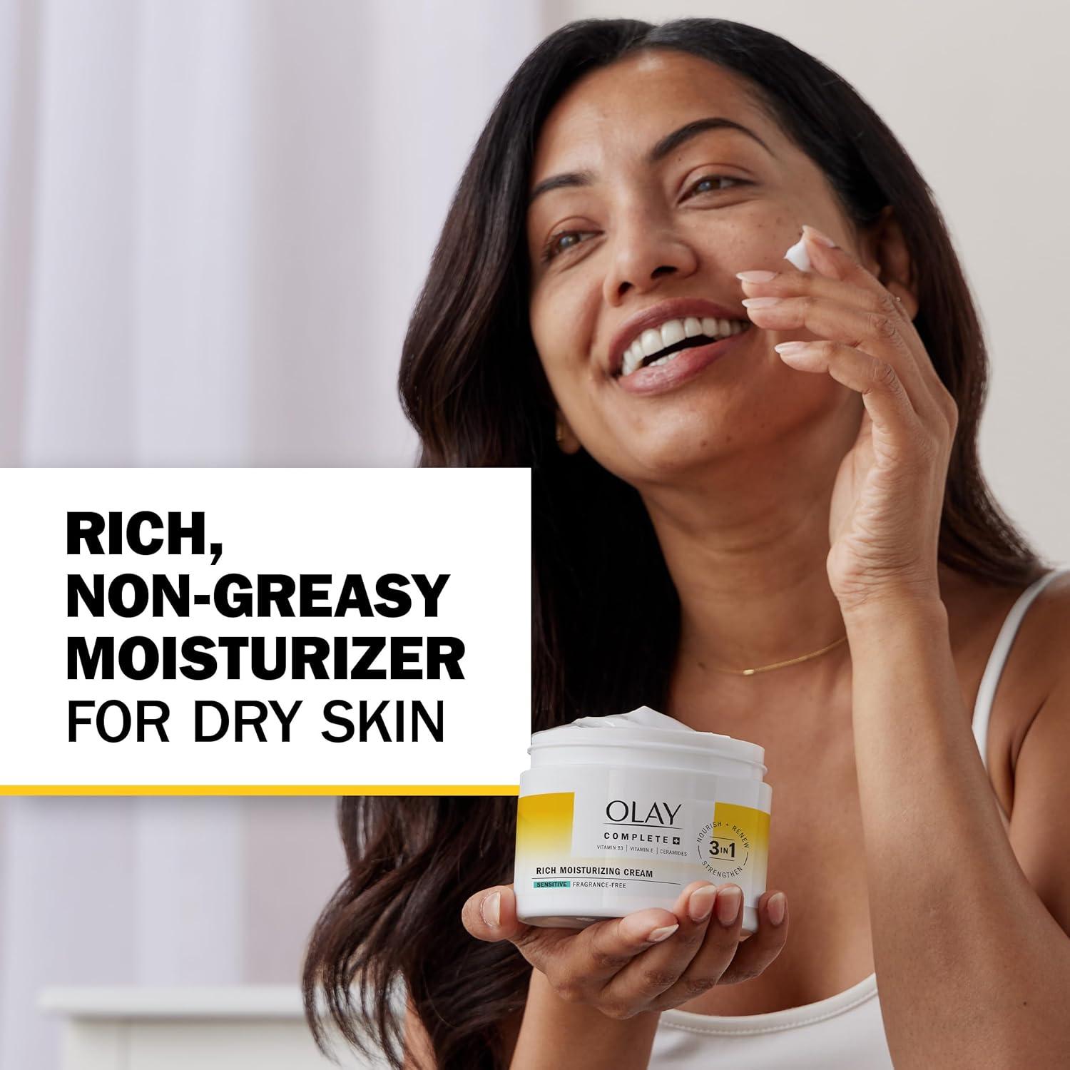 imageOlay Face Moisturizer Complete Rich Moisturizing Cream  FragranceFree Gentle for Dry ampamp Sensitive Skin 3in1 Hydrating to Strengthen Nourish Renew  Niacinamide Vitamin E ampamp Ceramides 85 oz