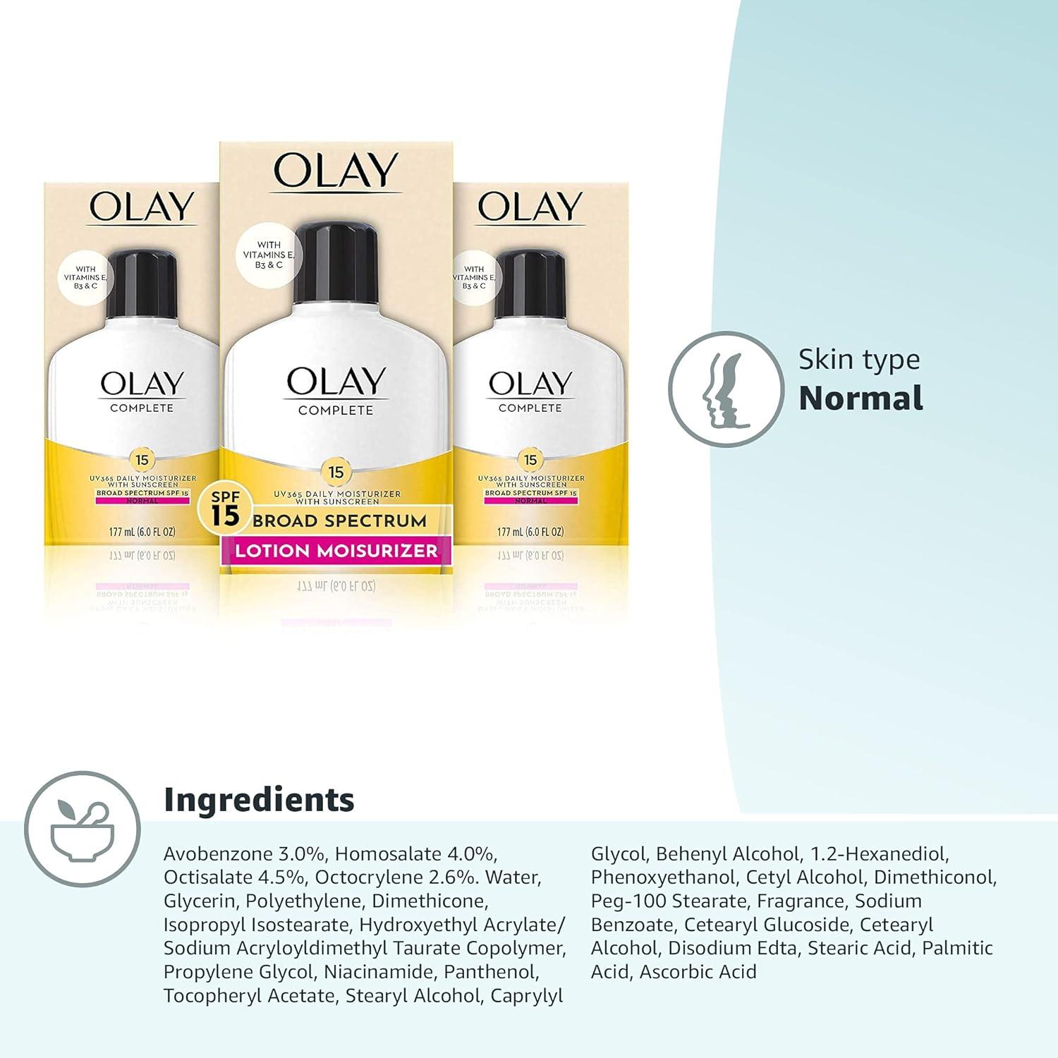 imageOlay Face Moisturizer Complete with Sunscreen SPF 15 Daily Facial Lotion for Normal Skin Lightweight Hydrating Broad Spectrum Sun Protection  Vitamin C E and Niacinamide  6 Oz 2 Pack6 Fl Oz Pack of 3
