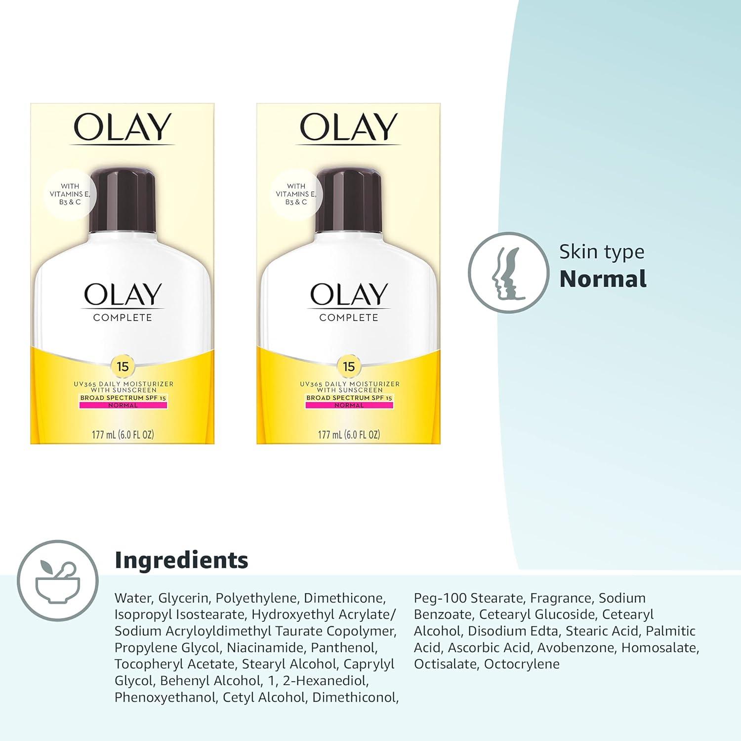 imageOlay Face Moisturizer Complete with Sunscreen SPF 15 Daily Facial Lotion for Normal Skin Lightweight Hydrating Broad Spectrum Sun Protection  Vitamin C E and Niacinamide  6 Oz 2 Pack6 Fl Oz Pack of 2