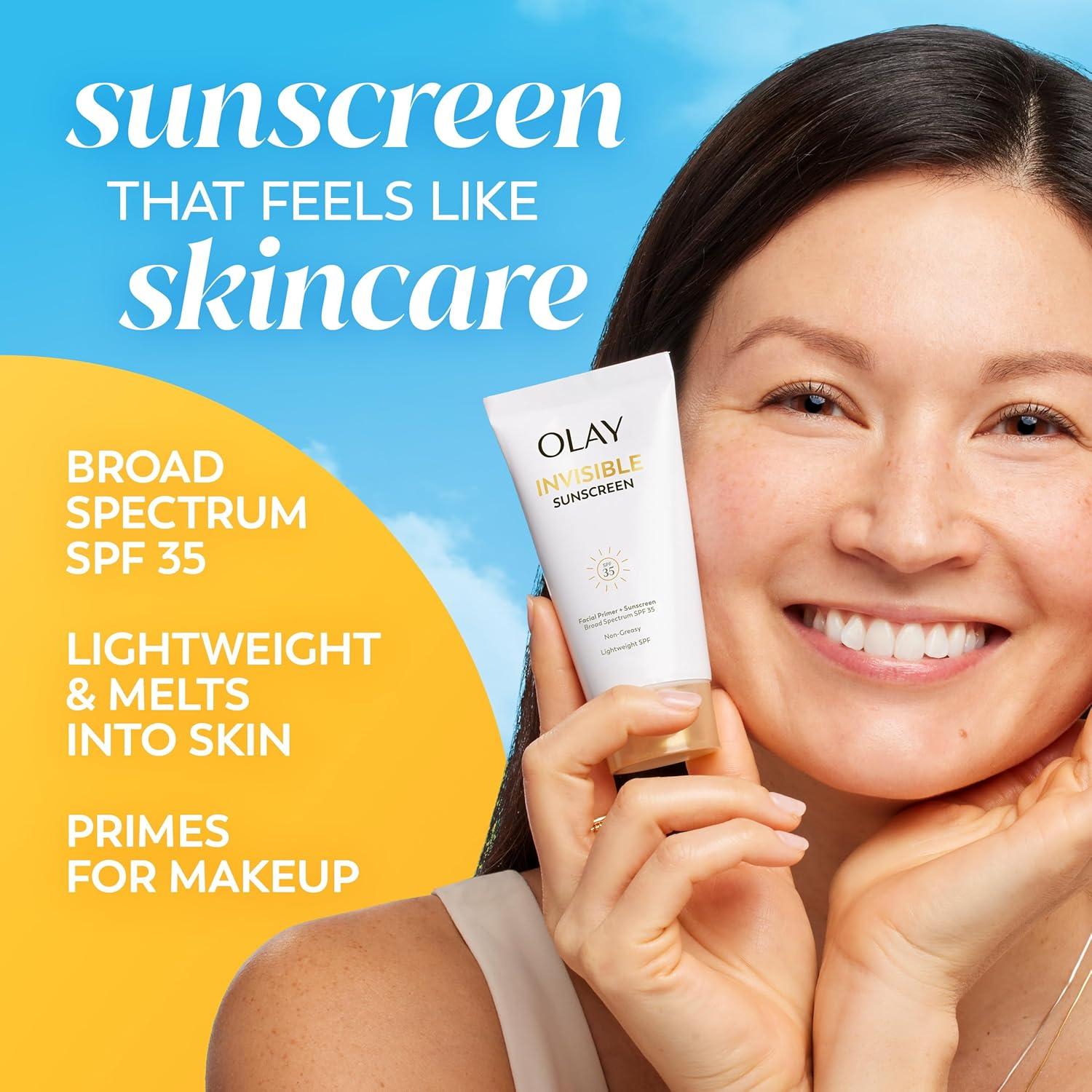 imageOlay Invisible Sunscreen SPF 35 100 Invisible Facial Sunscreen and Makeup Primer  FragranceFree Weightless No White Cast Broad Spectrum Sun Protection with Vitamin C ampamp E Aloe Vera 17 Oz