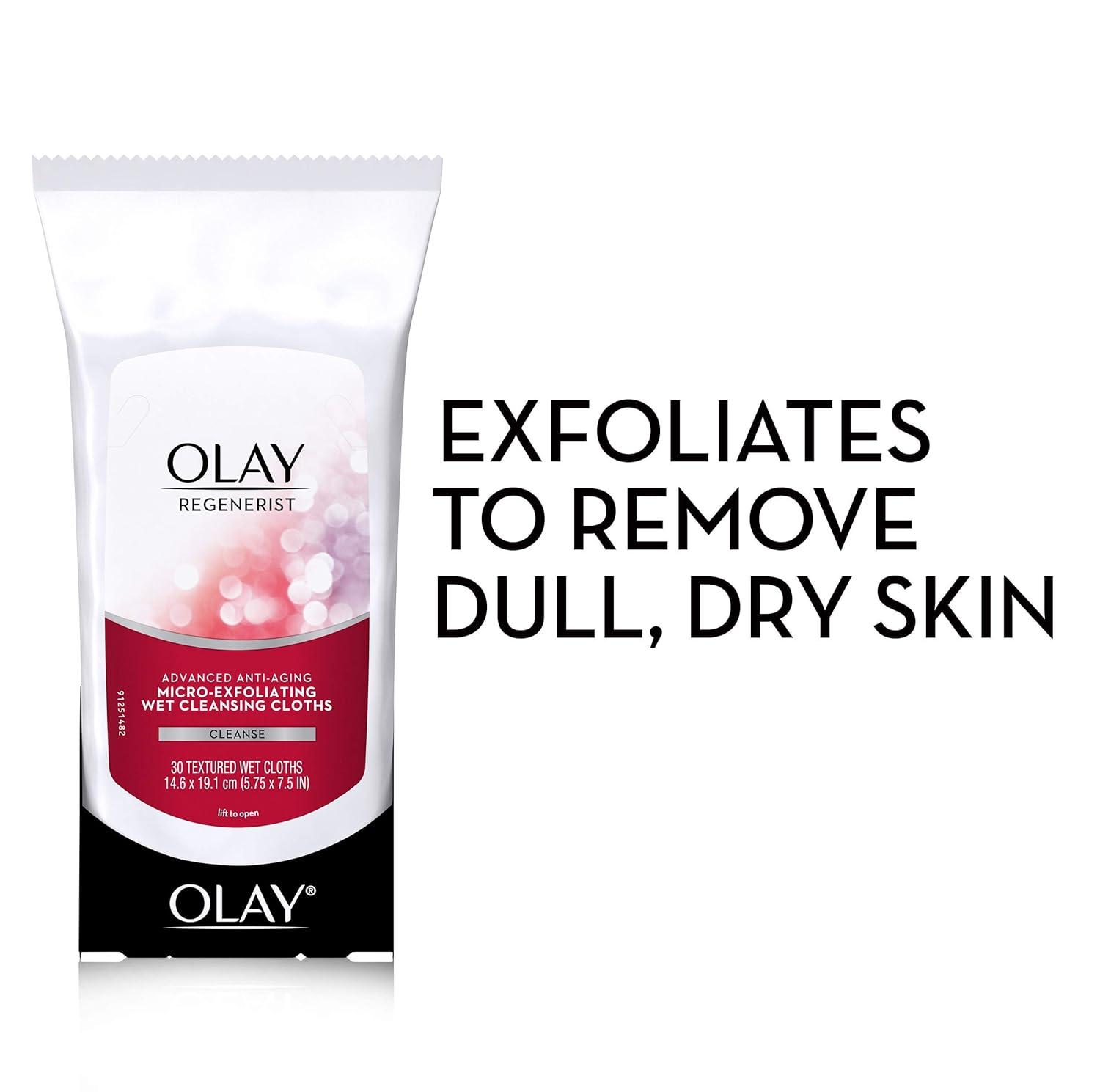 imageOlay Makeup Remover Wipes Regenerist MicroExfoliating Wet Cleansing Cloths Facial Cleanser for Women  Exfoliates Refreshes Smooths Texture Travel Approved 30 ct  3 Pack