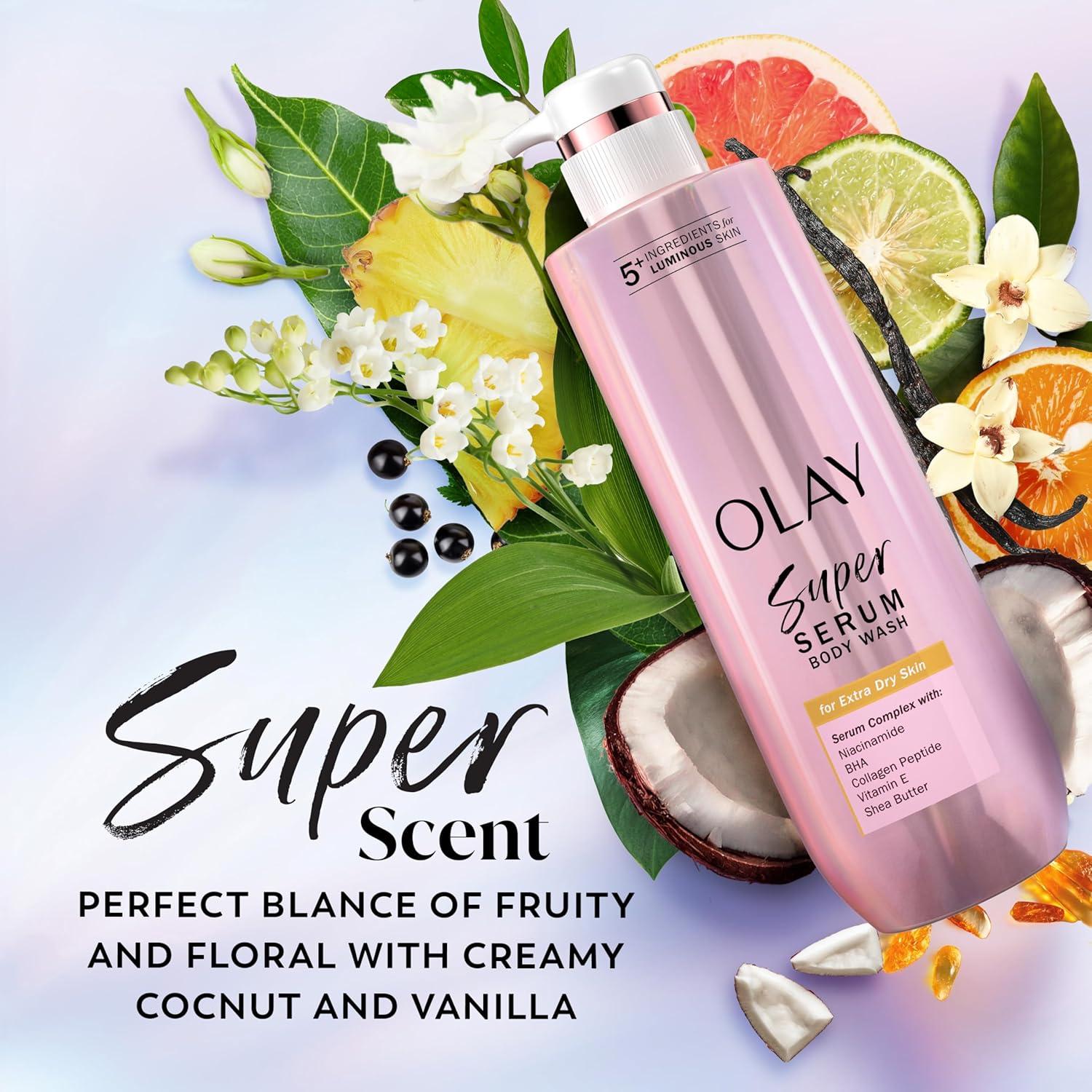 imageOlay Super Serum Body Wash for Normal Skin 24hr Long Lasting Hydration 5 Ingredient Serum Complex for Bright Even Firm Luminous Skin 185 fl ozCoconut  Vanilla   Soft Wood
