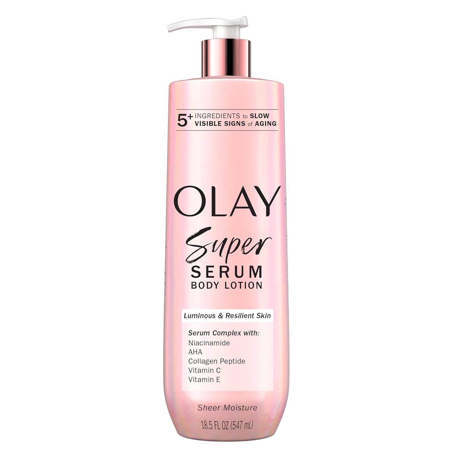 imageOlay Super Serum Hand ampamp Body Lotion for Dry Skin 24hr Long Lasting Hydration 5 Ingredient Serum Complex for Bright Even Firm Luminous Skin Sweet Vanilla ampamp Soft Wood Scent 185 fl ozSweet Vanilla  Soft Wood