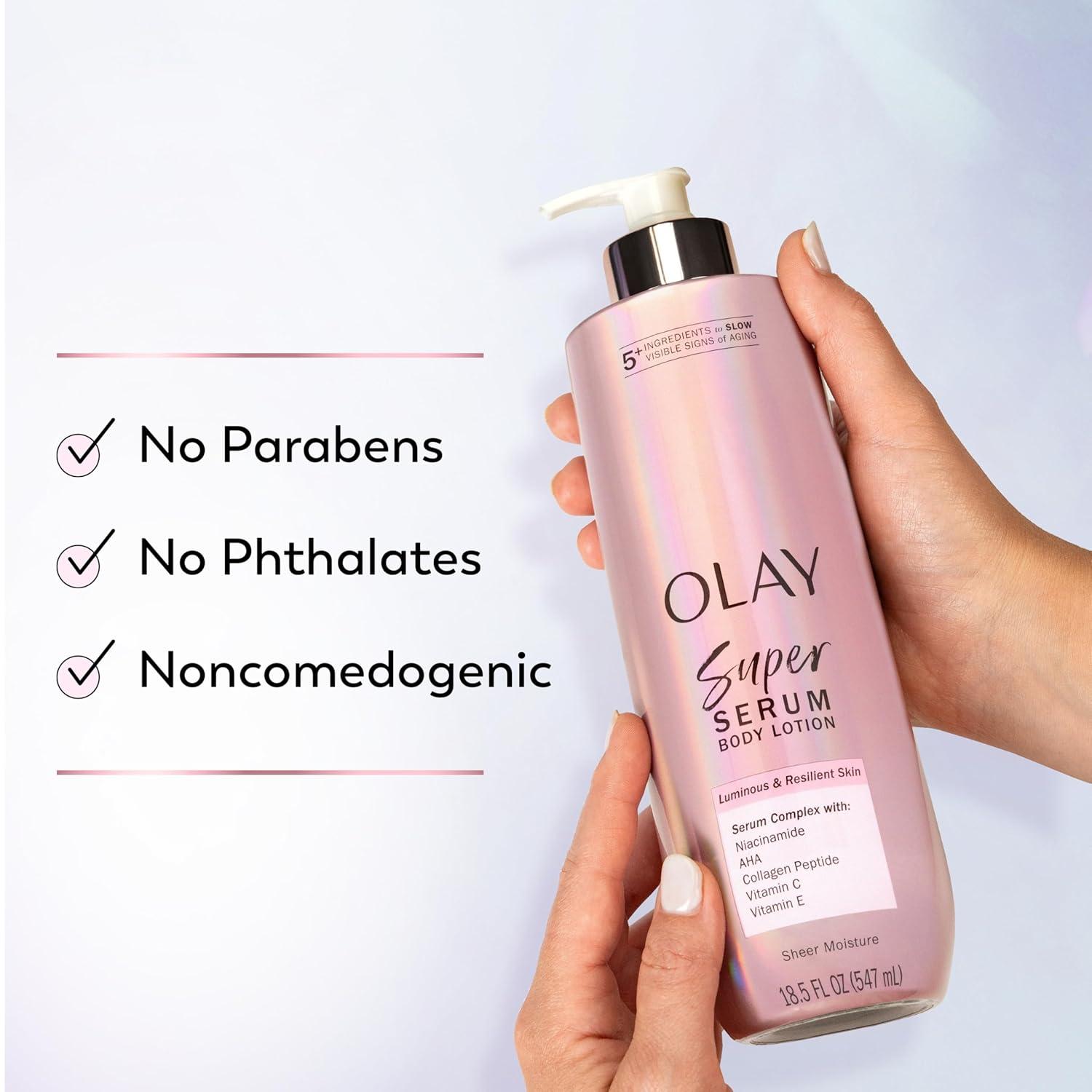 imageOlay Super Serum Hand ampamp Body Lotion for Dry Skin 24hr Long Lasting Hydration 5 Ingredient Serum Complex for Bright Even Firm Luminous Skin Sweet Vanilla ampamp Soft Wood Scent 185 fl ozSweet Vanilla  Soft Wood