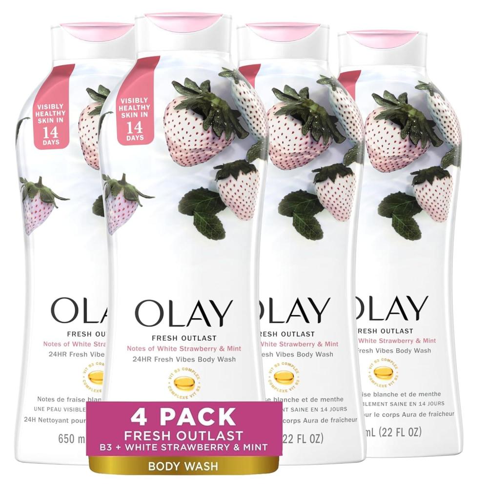 imageOlay Body Wash for Women Fresh Radiance Refreshing ampamp Renewing Made with Plant Based Cleansers B3 Botanical Complex For All Skin Types Orchid ampamp Black Currant Scent 22 fl oz Pack of 4Strawberry  Mint