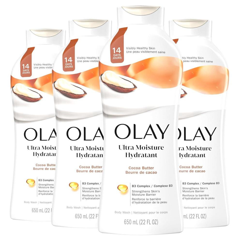 imageOlay Body Wash for Women Ultra Moisture 24hr Moisturizing Hydrating ampamp Refreshing B3 Vitamin Complex Free of Parabens ampamp Phthalates For All Skin Types Coconut Oil Scent 22 fl oz Pack of 4Cocoa Butter