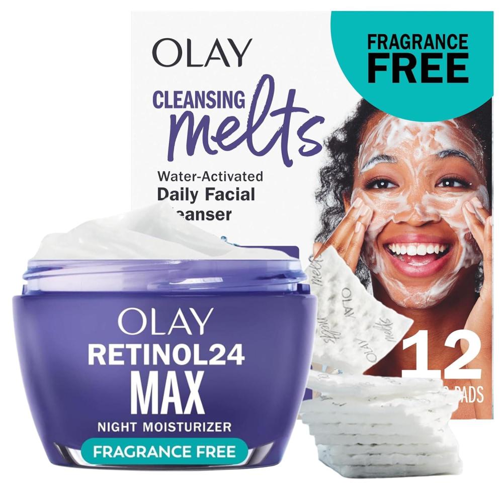imageOlay Retinol Face Moisturizer 24 MAX AntiAging Night Cream for Women FragranceFree AntiWrinkle Skin Care 17 oz ampamp Trial Size Retinol Cleansing Melts WaterActivated Face Wash 12 ctOlay Retinol Face Cleansing Melts  Olay Retinol 24 Max Moisturizer