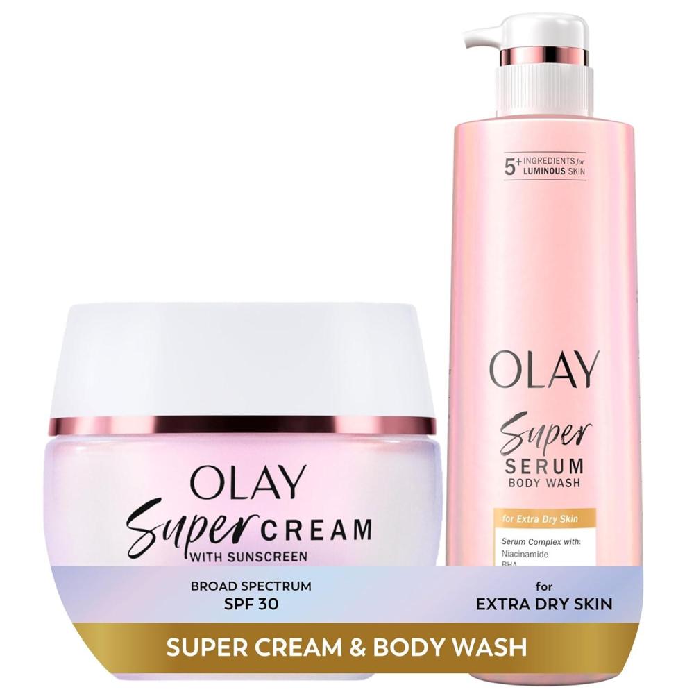 imageOlay Super Cream with Sunscreen SPF 30 17 oz  Body Wash for Extra Dry Skin 185 oz  24hr Long Lasting Hydration  Vitamin C ampamp E Hyaluronic Acid Niacinamide  Smooth Brighten Firm