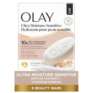 imageOlay Beauty Bar for Sensitive Skin Ultra Moisture 10x More Moisturizers Nourishing Conditioners Gentle on Skin Vitamin B3 Complex Oat Extract ampamp Vanilla Crme Scent 317 oz Pack of 8