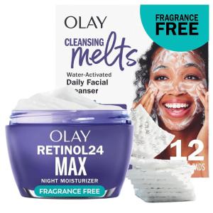 imageOlay Retinol Face Moisturizer 24 MAX AntiAging Night Cream for Women FragranceFree AntiWrinkle Skin Care 17 oz ampamp Trial Size Retinol Cleansing Melts WaterActivated Face Wash 12 ctOlay Retinol Face Cleansing Melts  Olay Retinol 24 Max Moisturizer