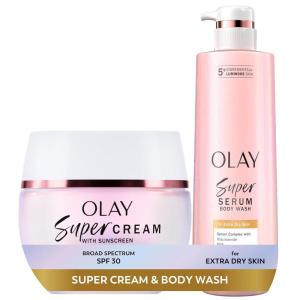 imageOlay Super Cream with Sunscreen SPF 30 17 oz  Body Wash for Extra Dry Skin 185 oz  24hr Long Lasting Hydration  Vitamin C ampamp E Hyaluronic Acid Niacinamide  Smooth Brighten Firm