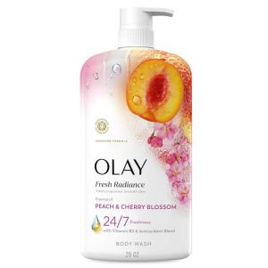 imageOlay Body Wash for Women Fresh Radiance 247 SkinLoving Freshness Visibly Radiant Plant Based Cleansers Vitamin B3 amp Antioxidant Blend For All Skin Types Strawberry amp Mint Scent 29 fl ozPeach  Cherry Blossom